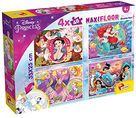 Lisciani - DISNEY PRINCESSES - 4 Puzzles pour Enfants dès 4 ans - 4 x 48 pièces - MaxiFloor 35x25 cm - Puzzles 2 en 1 - Double Face avec Verso à Colorier - Jeux Educatifs Favorisant la Concentration
