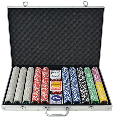 Poker Case Poker-Set mit 1000 Chips Fiches, 3 Karten, 6 Würfeln, Dealer Button, Tragetasche, Kunststoff und Aluminium, 53 x 37 x 6,7 cm