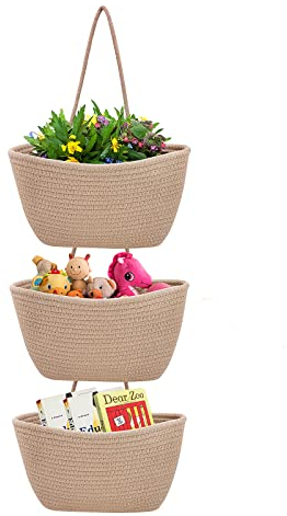Gearific Cestino da appendere sopra la porta, in corda di cotone a 3 livelli, per organizzare e riporre, cestino decorativo da appendere per camera da letto, bagno e soggiorno (iuta)