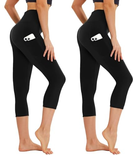 AMIYOYO Capri Lot de 2 leggings de sport 3/4 pour femme avec poches, taille haute, opaques, élastiques, 7/8, pantalon de yoga, fitness, course à pied, pour l'extérieur, Noir x 2., 50-54