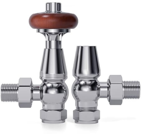 VANCOCO Traditional Angled Radiator Valves 1/2×15mm, Brass Thermostatic Radiator Valve, Cast Iron Antique Thermostat Radiator Thermostat TRV Pair with Solid Wood Handwheel (Chrome)
