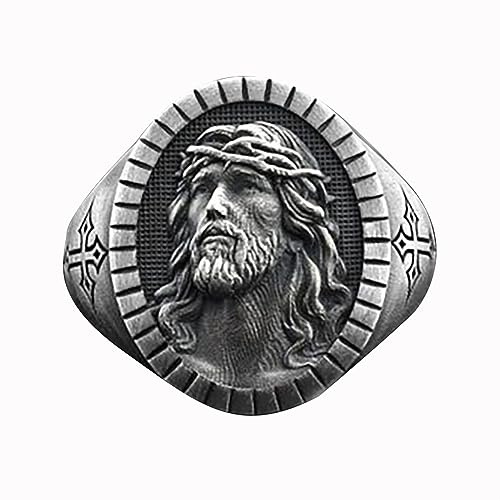 IMINI Hommes Jésus Tête Bague Catholique Christian Croix Signe Religieux Amulette Baptême Bandes Vintage Biker Bijoux Cadeau pour Hommes Garçons Femmes Père's Day Accessoires