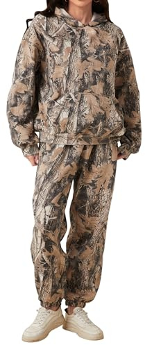 Eutten Camo Sweatsuits for Women Set 2 Piece Camo Hoodies Maple Leaf Print Oversized Sweatshirt Lounge Sets Fall Outfits