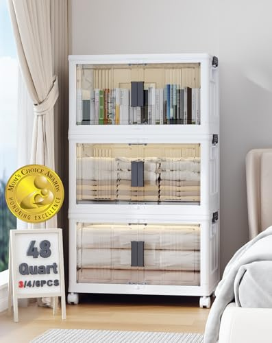 OlarHike 144QT Lockable Storage Bins with Lids - Folding Storage Cabinet with Doors and Wheels, Collapsible Plastic Box for Closets, Office, Stackable Organizer and Containers, Gifts, 3 Pack Cubes