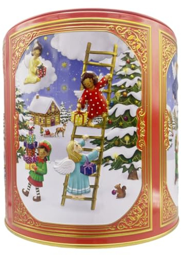 Rund plåtburk från your castle, himmelsk jul, kakburk, dekorationslåda för jul- och adventskakor, förvaring, volym: 1,8 liter. Mått: 13,5 x 14,5 cm.