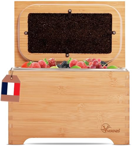 VERENZO® Poubelle Compost Cuisine Bio Hermétique Anti-Odeur & Filtre Charbon-Bac à Déchets et Recyclage Organique-Composteur Cuisine Pour Biodéchets-Bambou-Seau Alimentaire Bois-Poubelles à Compost-4L