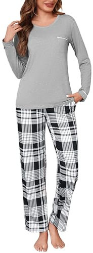 Irdcomps Schlafanzug Damen Pyjama Lang Baumwolle Winter Set Zweiteilige Nachtwäsche Karierte Schlafhose Langarm Loungewear Grau M