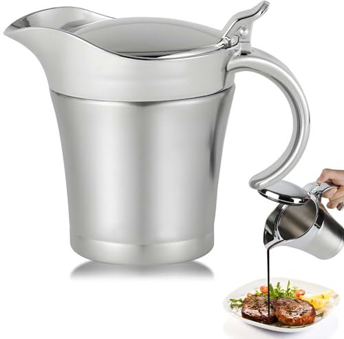 450ml Edelstahl Thermo Sauciere, Soßenkanne mit Klappdeckel, Doppelt Isoliert Saucenkanne, Thermo-Sauciere, Eleganter Silberner Saucenkrug für Hause, Abendessen, Restaurants, Partys, Weihnachten