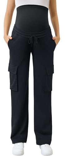 FABRACK Women's Maternity Cargo Pants Sweatpants Over The Belly Casual Comfy Drawstring Pregnancy Pants with 4 Pockets(Black, Large)
