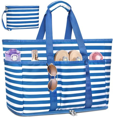 TEUEN Grande Bolsa de Playa XXL, Plegable Bolsa Playa Familiar con Cremallera Bolsa de Viaje Shopper Bolso de Hombro Mujer Tote Bag de mano para Playa Vacaciones,Compras,Trabajo,Viaje