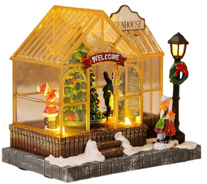 LAIOUSN Christmas Musical Greenhouse Ornament With LED Lighting And Rotating Tree Figurines Statue Animated Village Ornament Light Up Musical House Ornament