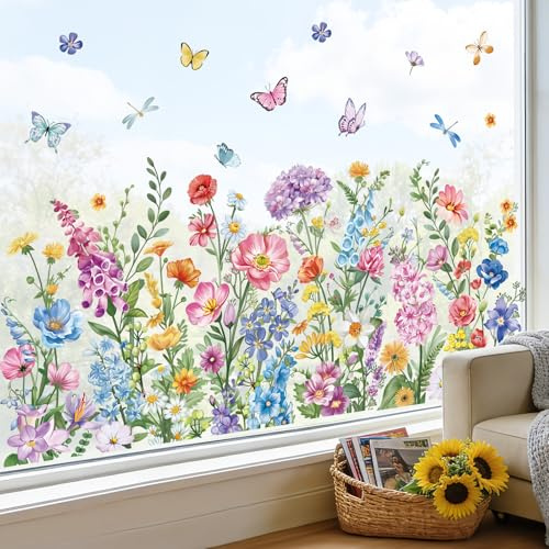 wondever Stickers Fenetre Fleurs Jardin Autocollant Fenêtre Colorés Fleurs Herbe Sauvages Papillons Electrostatique Anti-Collision Décoration pour Printemps Été Vitre Stickers