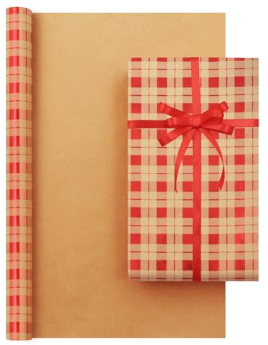Boerni Vintage pläd folie omslagspapper rulle – 17 tum x 10 fot – metalliskt julpapper brunt och rött tartan design presentpapper lämplig för jul, semester, fest, firande