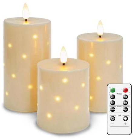 AiiBowy 3 Piezas Velas LED con Guirnalda de Luces, Vela a Pilas con Mando a Distancia y Temporizador, Cera Real, Vela LED Decorativa Sin Llama para Bodas, Fiestas, Festival (Blanco Marfil)