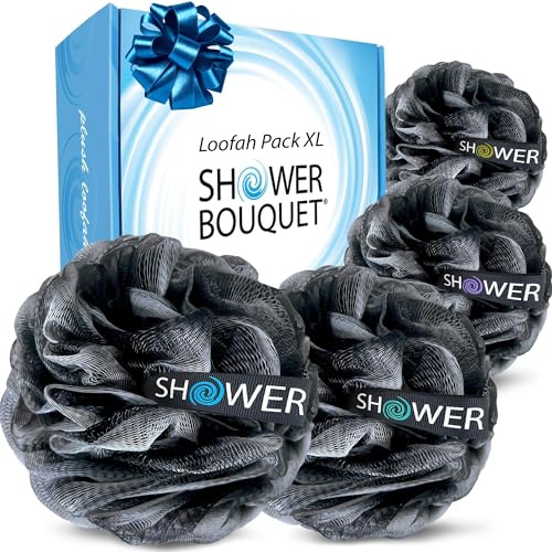 SHOWER BOUQUET Loofah-Charcoal Bath-Sponge-4-Pack // Extra-Large 75g Soft Mesh Black Loofa Lufa Loufa Luffa Puff Set/Exfoliating Body Scrubber for Women and Men - Exfoliate & Soothe Face & Body