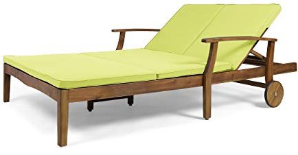 GDFStudio Samantha Double Chaise Lounge for Yard and Patio, Acacia Wood Frame, Teak Finish with Green Cushions, (307567)