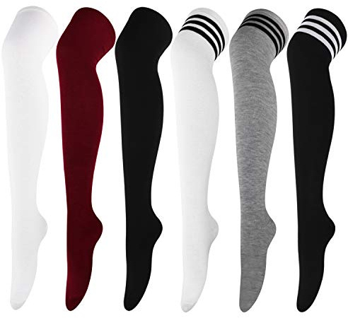 DRESHOW 6 Paires Chaussettes Hautes Montantes Chaussettes de Genoux Longues Cuisse Chaussette Dessus du Genou Haut Bas de Démarrage Jambières pour Filles et Femmes