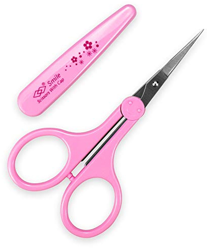 Humbee, Stainless Steel Hair Grooming and Trimming Scissors Set, for Facial Hair, Nose Hair, Eyebrow Scissors, Eyelash Scissors, Mustache, and Beard (Straight Edge, Pink Long Cap)