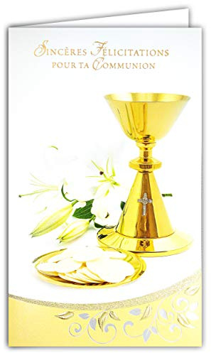 19-632 Carte avec Enveloppe Félicitations pour ta COMMUNION en Or Doré Argenté Brillant Osties Coupe Croix Catholique Fleurs Lys Blancs Fête Printemps