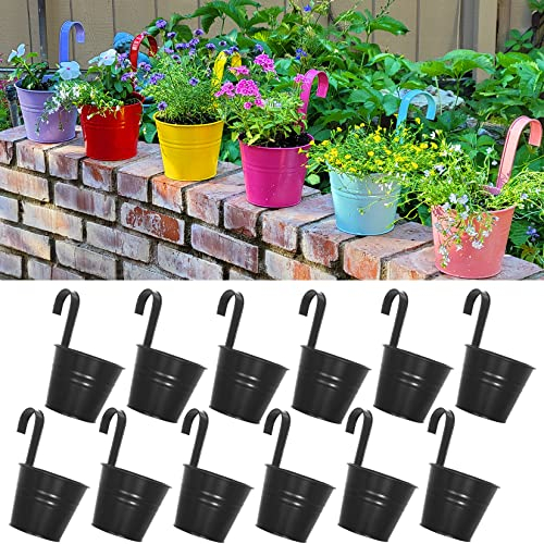 ARTKETTY 12 Pcs Pots De Fleurs Suspendus Métal Fer Vase Seau Jardinière pour Garde-Corps Clôture Balcon Jardin Décoration Porte-Fleurs avec Crochets Amovibles, Noir