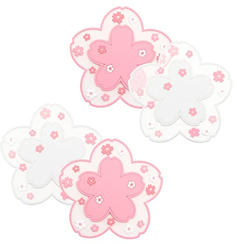 Pilikoll 4 Pcs Cherry Blossom Coasters PVC Sottobicchiere in silicone Sakura Carino Sakura Fiore Modello Sottobicchiere per Tea Coffee Cup Tavolo Cucina (2Rosa+2Bianco)