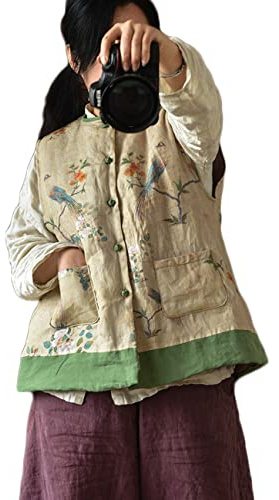 NFYM Veste matelassée légère en coton et lin imprimé printemps et automne Manteau rembourré vintage pour femme