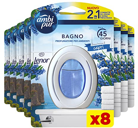 Ambi Pur Bagno Profumatore Per Ambienti, 8 Profumatori Bagno, Fragranza Brezza di Capri, Diffusore Ambiente Con Tecnologia Elimina Odori, Durata Fino a 50 Giorni Per Profumatore