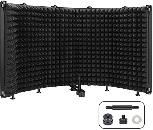 Microphone Isolation Shield with Pop Filter and Tripod Stand, 5-Panel Pop Filter Professional Foldable Vocal Booth Absorbent Foam Suit for Blue Yeti Mic Studio Sound Recording Podcasts Singing