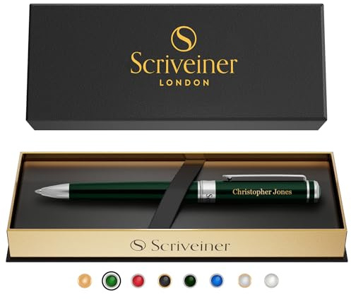 Scriveiner Personalised Pen British Racing Green - Stunning Green Lacquer Luxury Pen with Chrome Finish, Schmidt Ink Refill, Best Engraved Ball Point Gift Set for Men & Women, Custom Name Engraving