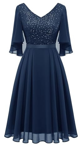 Dressystar Damen Elegant Cocktailkleid V-Ausschnitt Spitzenkleid Pailletten Knielang Partykleider Chiffon Federmausärmel Marineblau L