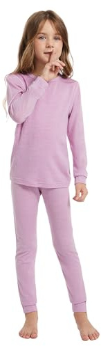 woolcano 100% Merino Wool Thermal Underwear for Kids, Thermal Sets Kids, Thermal Top Thermal Bottom for Skiing Skating Snow Sports Violet 7-8