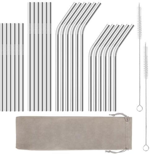 Pajitas de Acero Inoxidable Reutilizables,24 Pajitas Metal con 2 Cepillos de Limpieza,Pajitas Largas de Metal (Plata) 265mm/215mm para Beber Bebidas Frías y Calientes, Como Batidos, Cócteles, Leche