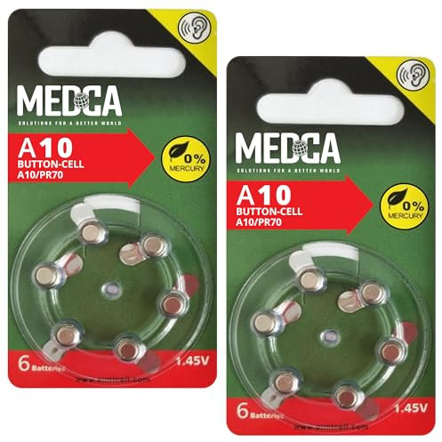 MEDca Pilas A10 – Paquete de 12 unidades – 1,45 V Zinc Air Yellow Tab Pilas de botón de botón para audífonos y amplificadores auditivos, 10, P10, PR70 o ZL4