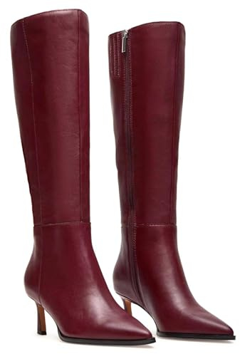 MICIFA Burgundy Knee High Boots Leather Tall Boots for Women Stiletto Kitten Heeled Boot Pointed Toe Side Zipper Dress Boot Cherry Wine Red