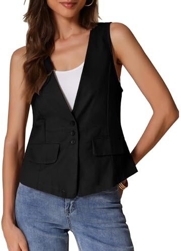 Blazer sans Manches Femme en Lin Col en V | Gilet de Costume pour Bureau Veste Légère Décontracté