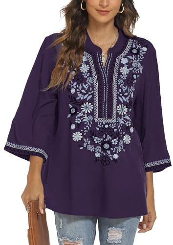 Traditional Mexican Embroidered Peasant Tops for Women, Plus Size Vintage Floral Tunic Shirts, Flowers Embroidery Blouses