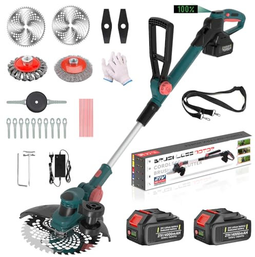 Wacker de malezas inalámbrico 2 en 1, bordeador de malezas eléctrico de 21 V con batería de 2 x 4.0 Ah y cargador incluidos, 5 tipos de cuchillas, recortadora de césped inalámbrica para podar/bordear