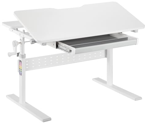 Spacetronik Kinderschreibtisch Höhenverstellbar 80x60 cm, Schreibtisch Kinder mit Neigbarer Tischplatte 0-40°, Kinder Schreibtisch mit Schublade & Haken für Rucksack, Weiß