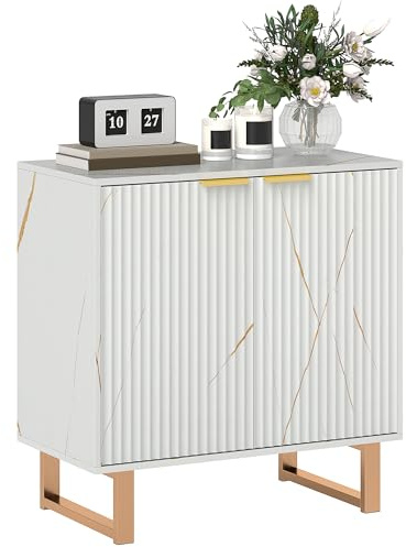 HOMCOM Sideboard Storage Cabinet, Marble Effect, 2 Fluted Doors, White | Adjustable Shelves, Buffet, Coffee Bar Cabinet, Metal Legs, Living Room