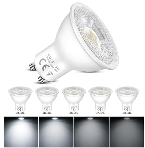 Bombillas LED GU10 Spot Regulable, Blanco Frío 6500K, 5W Equivalente a 50W Halógenas, 500 Lúmenes, 120° Ángulo de Haz, Ahorro de Energía, Focos, para Iluminación de Riel, Empotrada, Paquete de 6