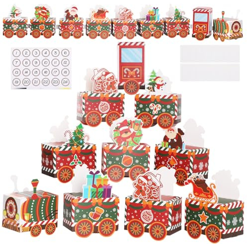 24pcs DIY Christmas Advent Calendar Gift Boxes，GeeRic 24 Days Empty Gift Box for Xmas+Number Sticker Creative Mini Train Xmas Surprise Boxes for Christmas Decor Party Cookie Snack Packaging