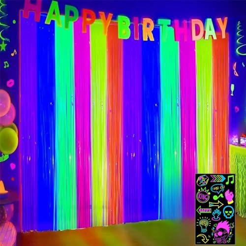 ZenyTra Lot de 2 rideaux à lamelles néon - 6 couleurs (1 x 2 m) - Décoration de fête UV fluorescente avec 1 autocollant, serpentins pour discothèque, anniversaire et fond photo