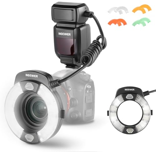 NEEWER 76Ws Marco ringblixt kompatibel med Sony-kameror, 1-1/128 utgång, GN15 5600K TTL ficklampa med fram/bakre gardinsynkronisering, färggeler, linsadaptrar för makrofotograferingsbelysning, RF1-S
