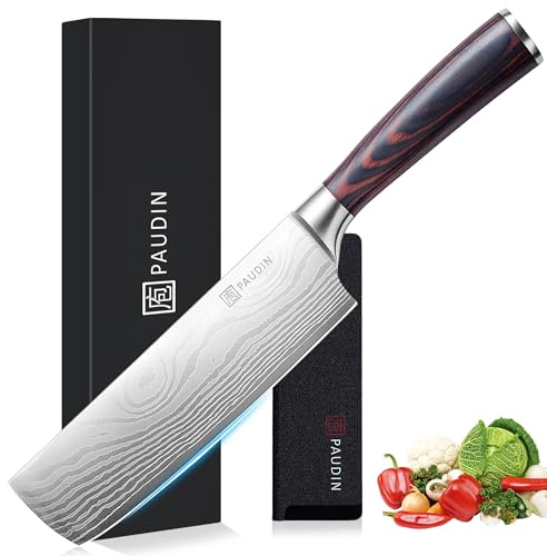 PAUDIN Nakiri Knife - 7 Razor Sharp Meat Cleaver and Vegetable Kitchen Knife, High Carbon Stainless Steel, Multipurpose Asian Chef Knife for Home and Kitchen with Ergonomic Handle