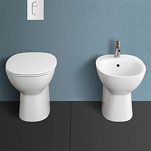 Inbagno Coppia Sanitari Tradizionali Rimless, Completa di Sedile Copriwc con Chiusura Ammortizzata, Serie Morning Bianca