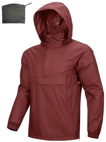 Outdoor Ventures Regnjacka för män vattentät tröja med huva packbar reflekterande jacka lätt cykel vindjacka andningsaktiv softshelljacka för vandring löpning utomhus, Datum röd, XL