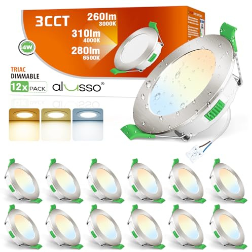 ALUSSO LED Downlight Recessed Ceiling Light 4W Dimmable 3CCT Nickel 12 Pack | Ultra Slim LED Downlights Ceiling, 68mm Spotlights Warm White 3000K Neutral White 4000K Cool White 6500K Adjustable