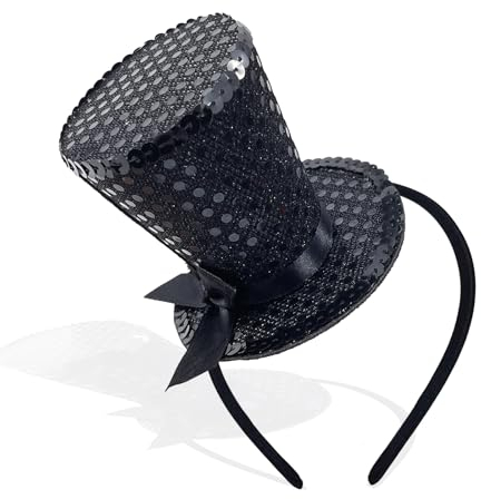 IWTBNOA Mini Top Haarreif, Schwarz Zylinder Hut, Glitzerhut, Karneval Haarschmuck, Kostüm Party für Mottoparty, Cosplay, Abschlussball