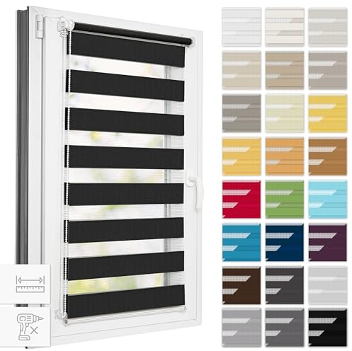 Estika Doppelrollo Klemmfix ohne Bohren, Breite alle 1 cm - 48 cm x 150 cm - Schwarz - Tag und Nacht Duo Rollo, Rollos für Fenster ohne Bohren, Fenster sichtschutz