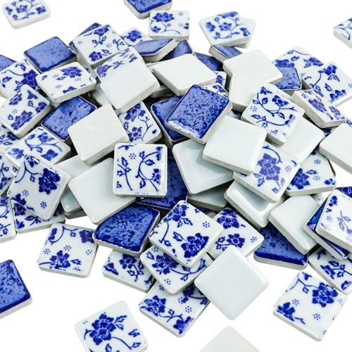 Yatinkim 121pcs Ceramic Mosaic Tiles for Craft Blue and White Tile2.5x2.5cm | China Ceramic Art Tile Sheet Adults Kit Handcraft Porcelain Tiles Home Wall Garden Floor Pool Flower Pots Decor